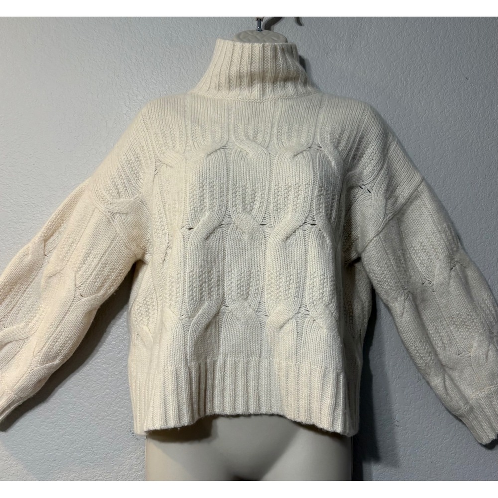 Massimo Dutti Cream Cable Knit Mock Neck Wool Blend Boxy Sweater Small